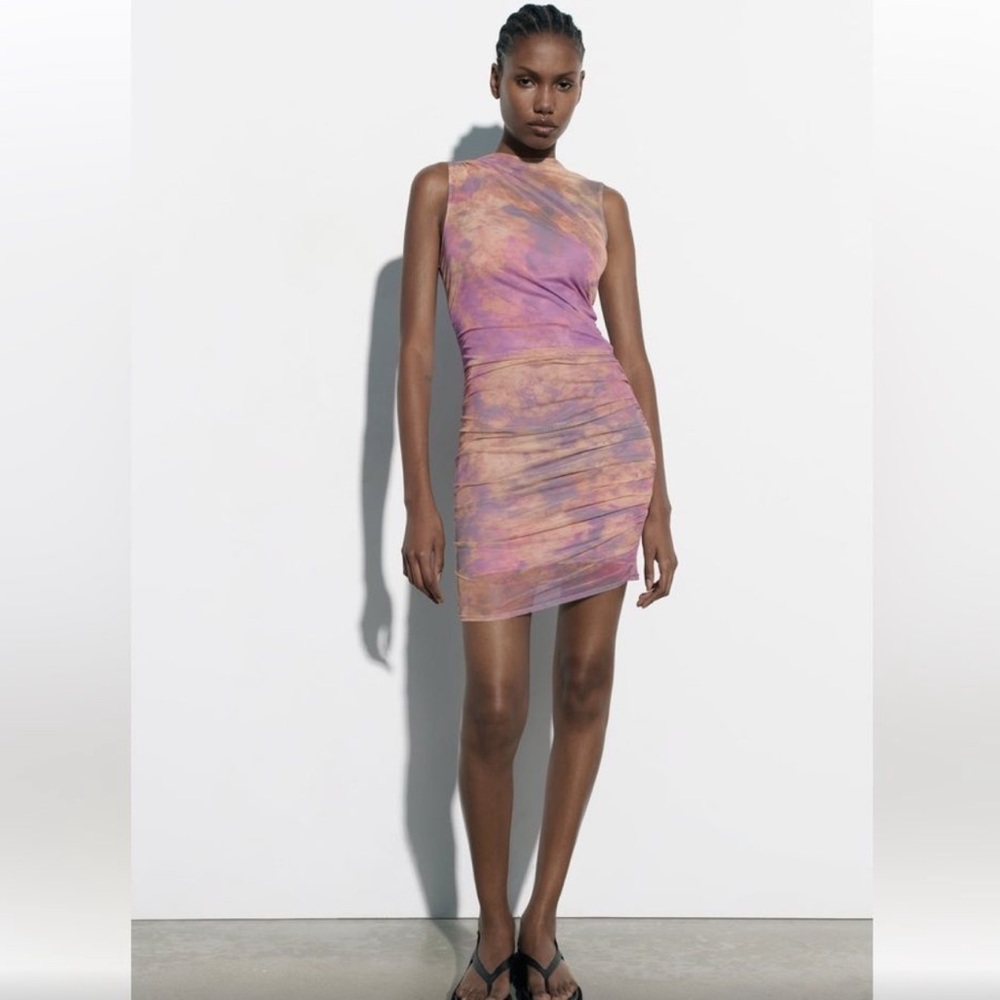 Worn Once ZARA DRESS Mesh Ruched High Neck Mini Dress
